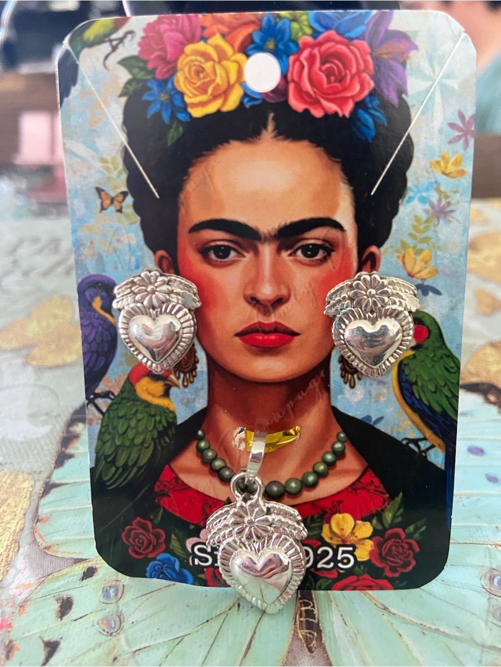 Sterling-Style Heart Frida Earrings and Pendant Set - Silver 925